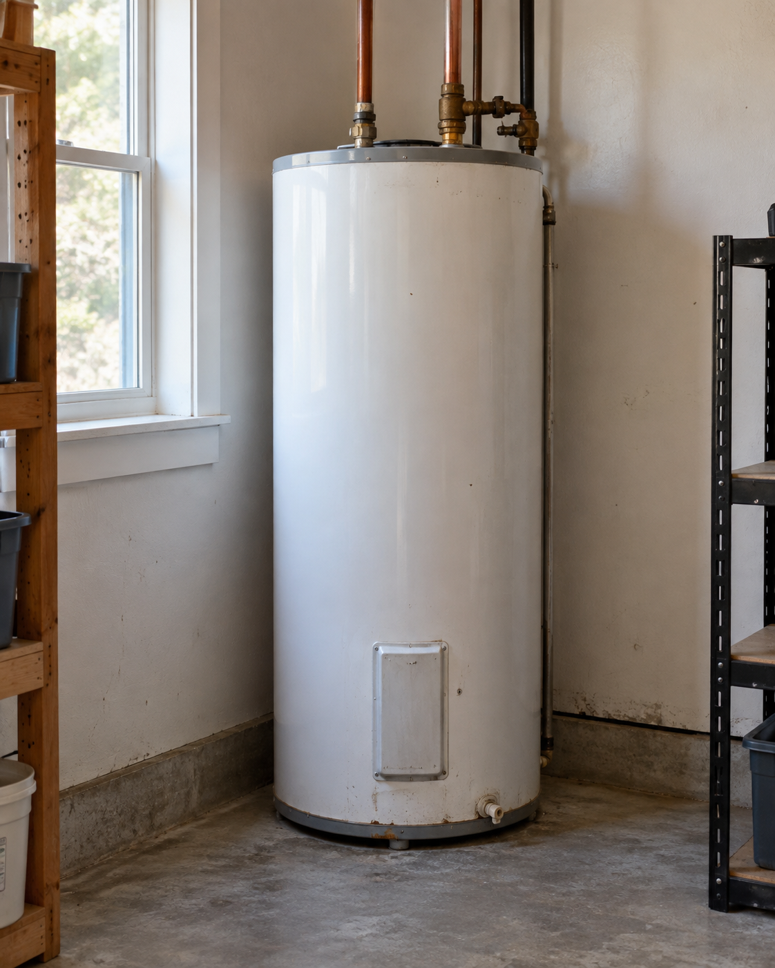 AI-generated illustrative photo of a water heater in a naturally lit utility room